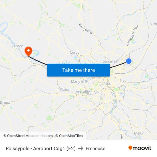 Roissypole - Aéroport Cdg1 (E2) to Freneuse map