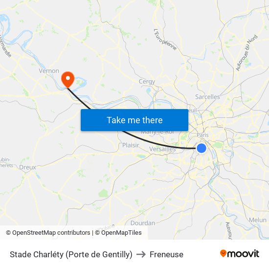 Stade Charléty (Porte de Gentilly) to Freneuse map