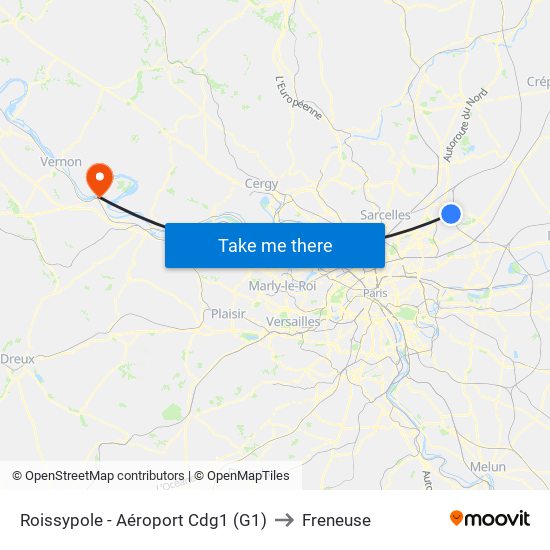 Roissypole - Aéroport Cdg1 (G1) to Freneuse map