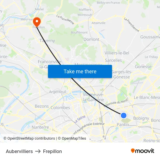 Aubervilliers to Frepillon map