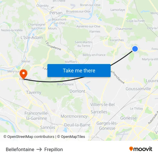 Bellefontaine to Frepillon map