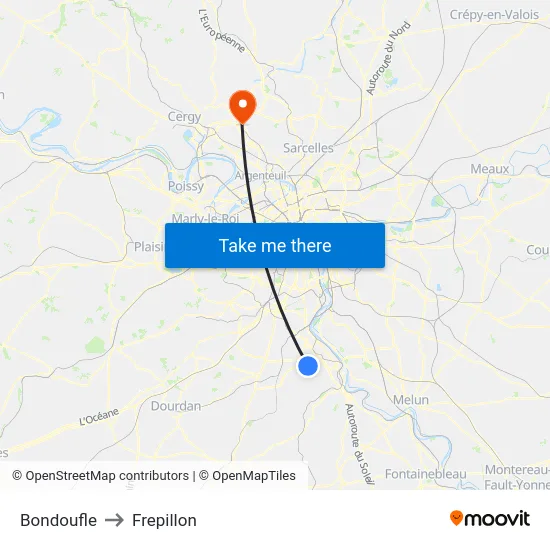 Bondoufle to Frepillon map