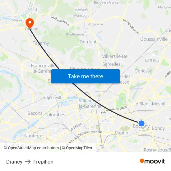 Drancy to Frepillon map