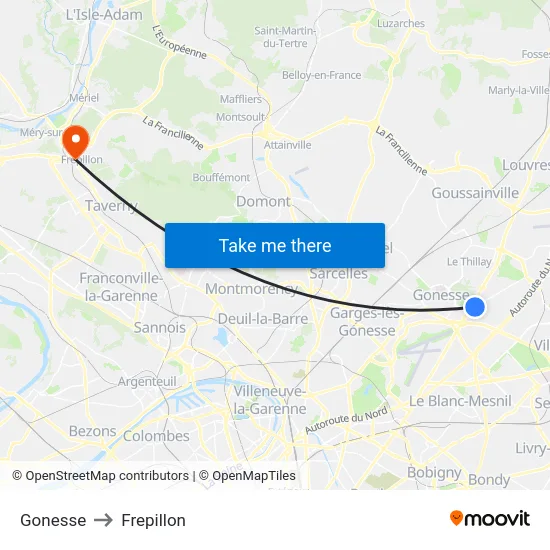 Gonesse to Frepillon map