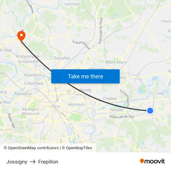 Jossigny to Frepillon map