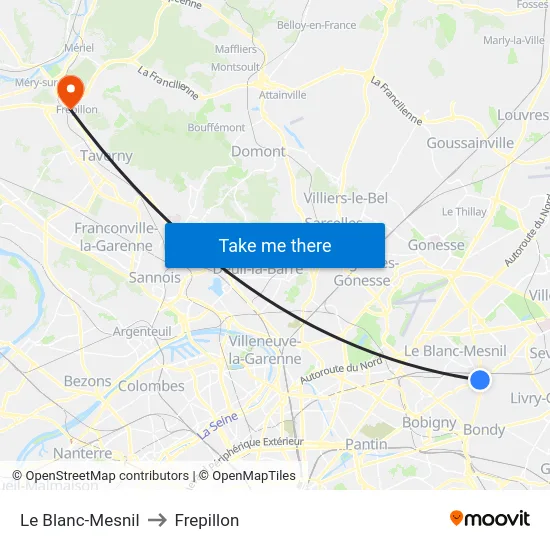 Le Blanc-Mesnil to Frepillon map