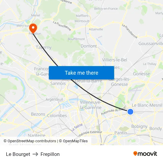 Le Bourget to Frepillon map