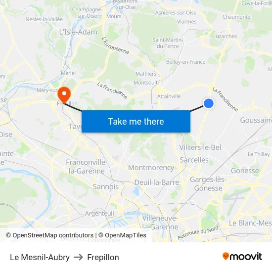 Le Mesnil-Aubry to Frepillon map