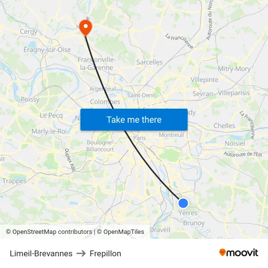 Limeil-Brevannes to Frepillon map