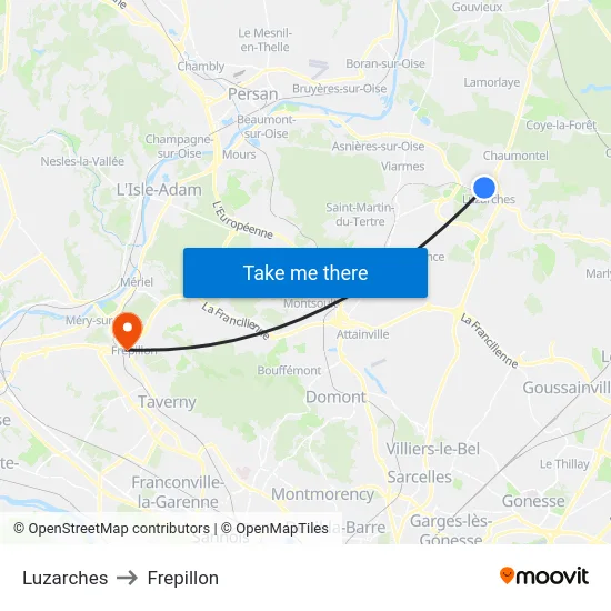 Luzarches to Frepillon map