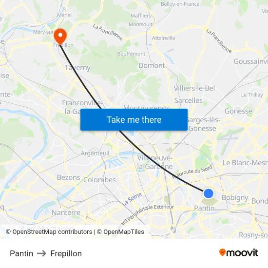 Pantin to Frepillon map