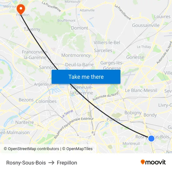 Rosny-Sous-Bois to Frepillon map
