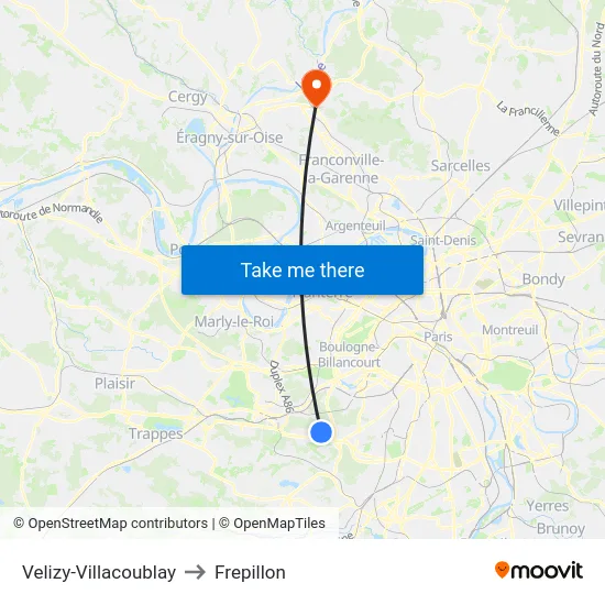 Velizy-Villacoublay to Frepillon map