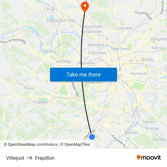 Villejust to Frepillon map