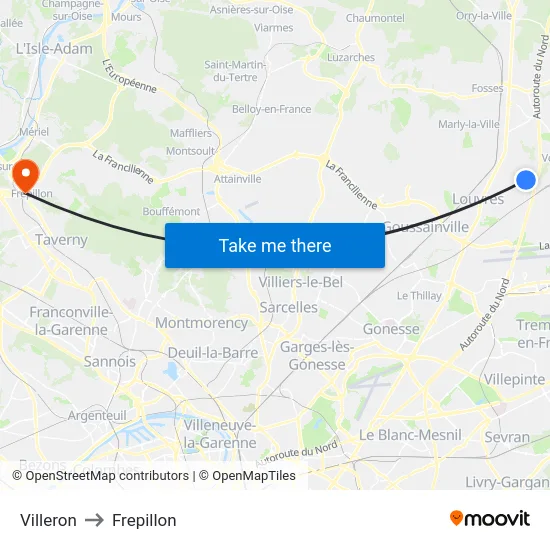 Villeron to Frepillon map