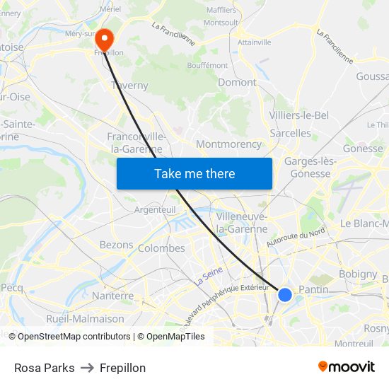 Rosa Parks to Frepillon map