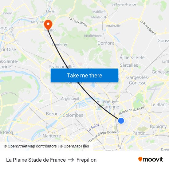 La Plaine Stade de France to Frepillon map