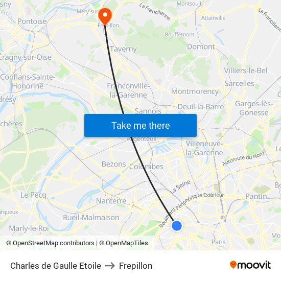 Charles de Gaulle Etoile to Frepillon map
