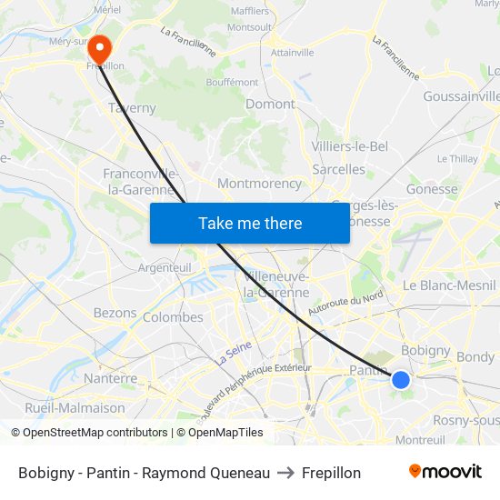 Bobigny - Pantin - Raymond Queneau to Frepillon map