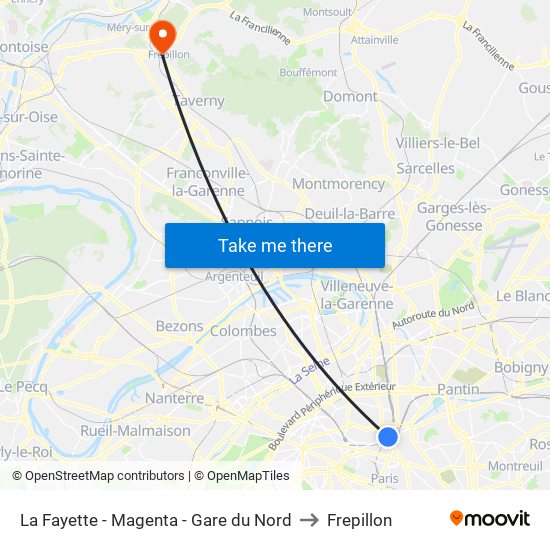 La Fayette - Magenta - Gare du Nord to Frepillon map
