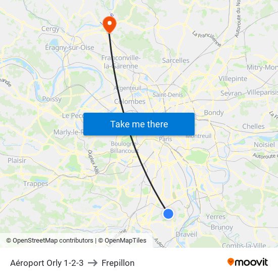 Aéroport Orly 1-2-3 to Frepillon map