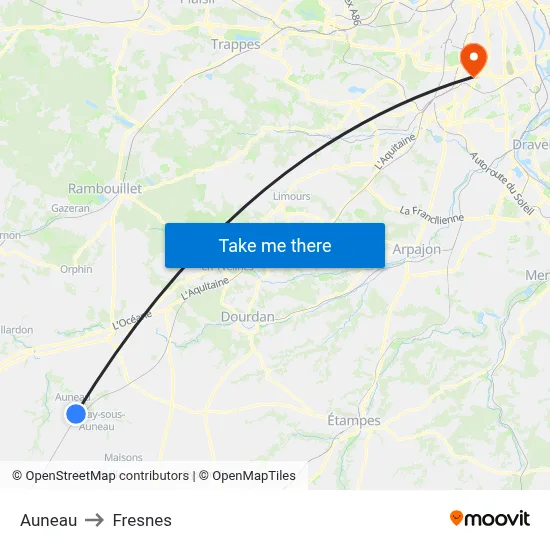 Auneau to Fresnes map