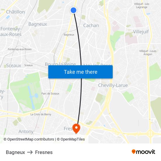 Bagneux to Fresnes map