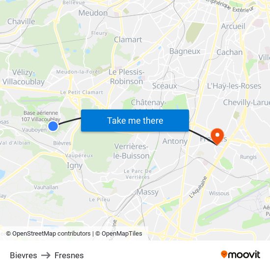 Bievres to Fresnes map