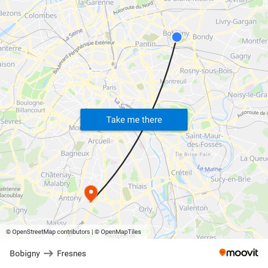Bobigny to Fresnes map
