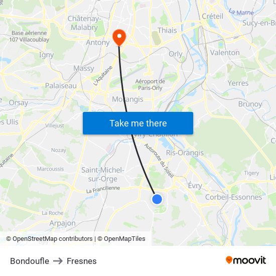 Bondoufle to Fresnes map