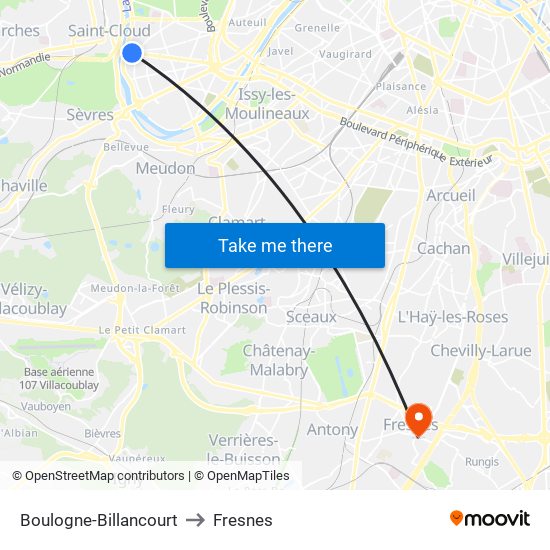 Boulogne-Billancourt to Fresnes map