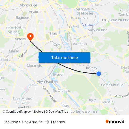 Boussy-Saint-Antoine to Fresnes map