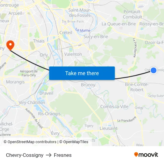 Chevry-Cossigny to Fresnes map