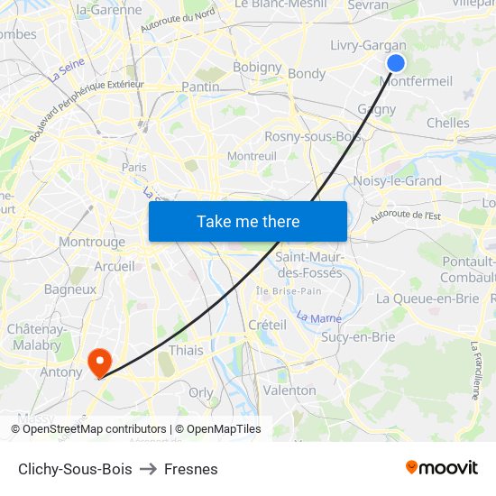 Clichy-Sous-Bois to Fresnes map