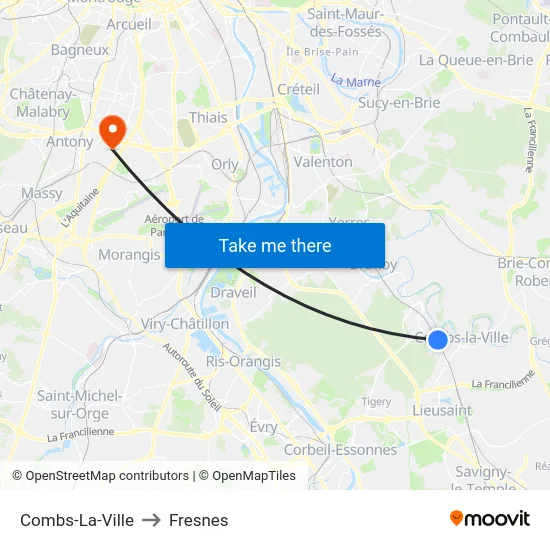 Combs-La-Ville to Fresnes map