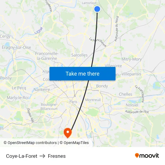 Coye-La-Foret to Fresnes map
