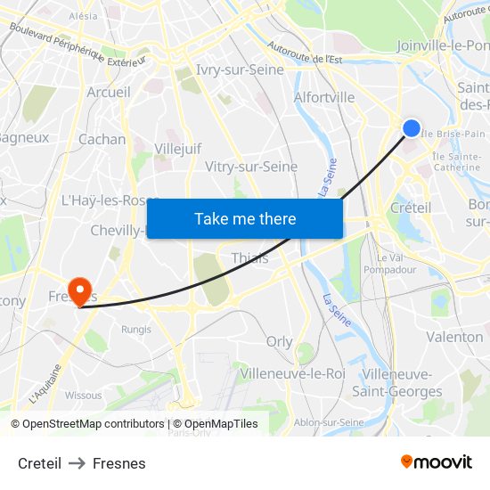 Creteil to Fresnes map