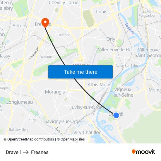 Draveil to Fresnes map