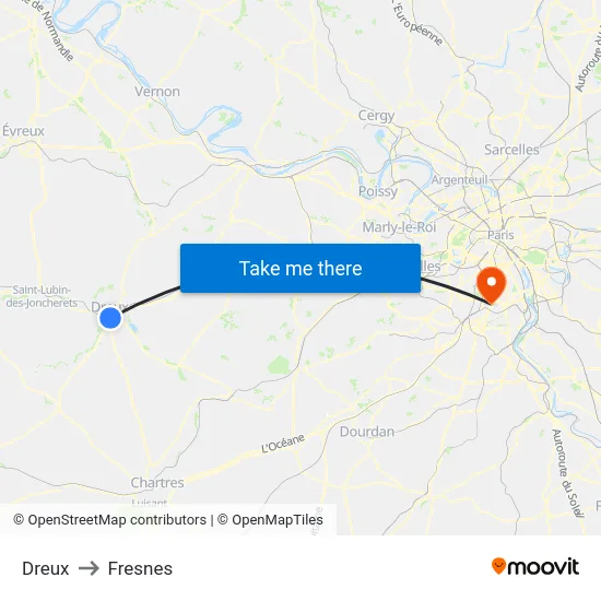 Dreux to Fresnes map