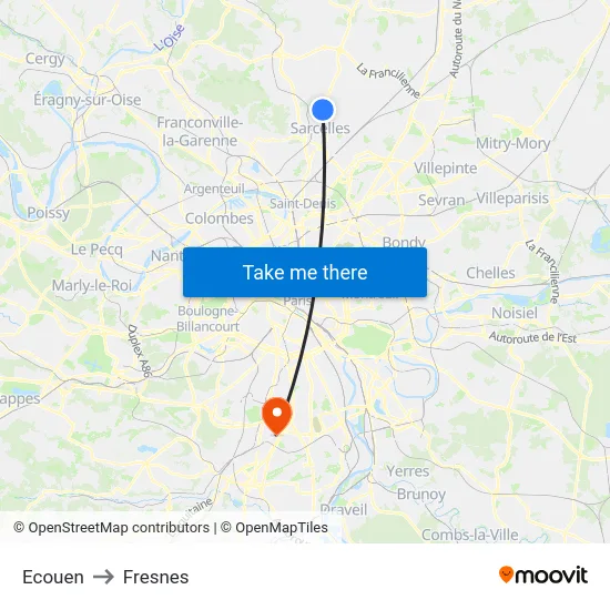 Ecouen to Fresnes map