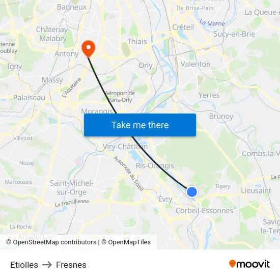 Etiolles to Fresnes map