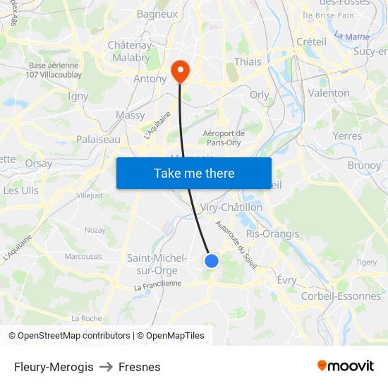 Fleury-Merogis to Fresnes map