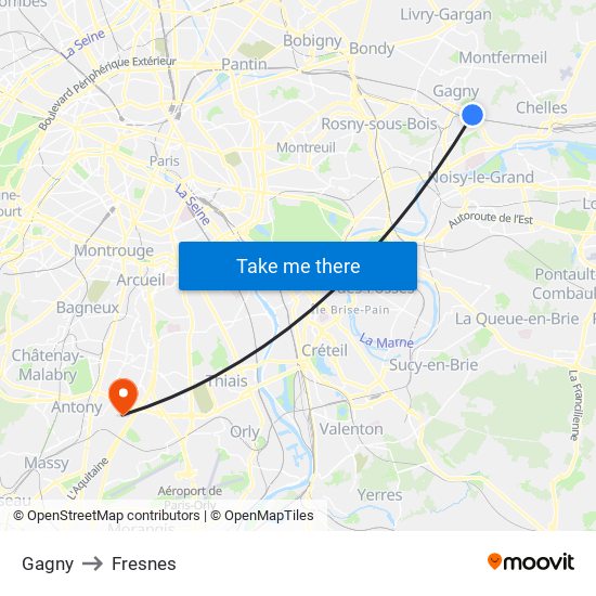Gagny to Fresnes map
