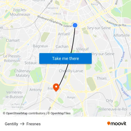 Gentilly to Fresnes map