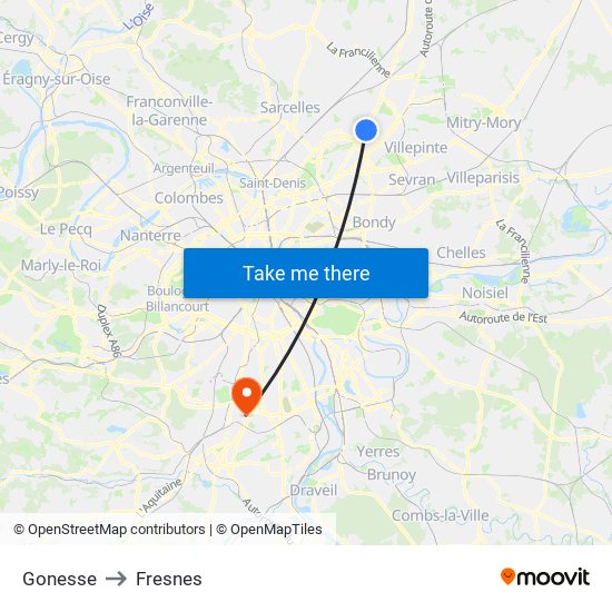 Gonesse to Fresnes map