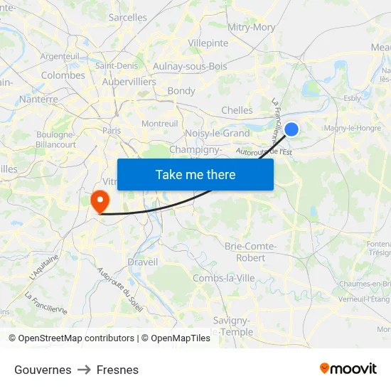 Gouvernes to Fresnes map