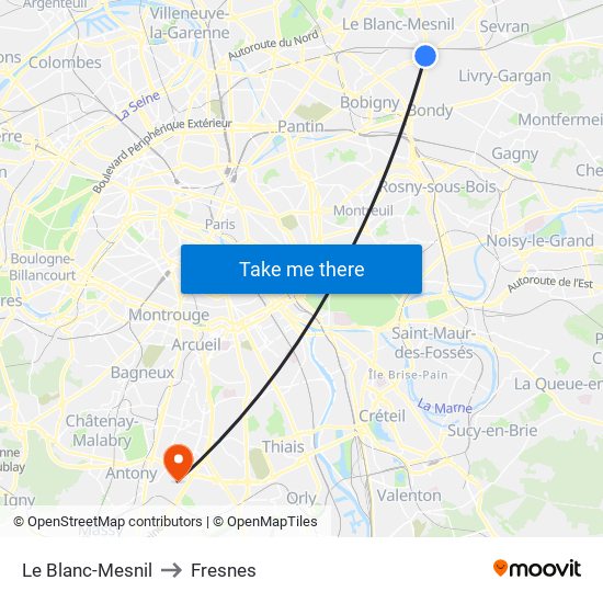 Le Blanc-Mesnil to Fresnes map