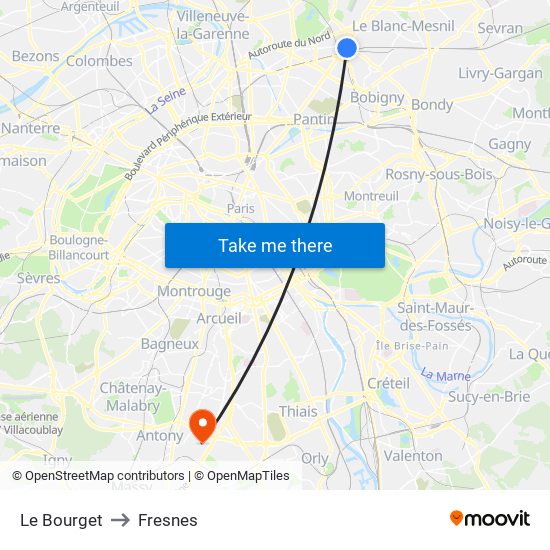 Le Bourget to Fresnes map