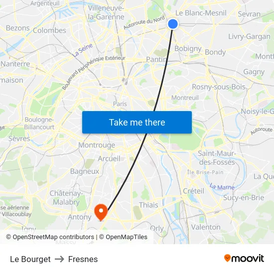 Le Bourget to Fresnes map