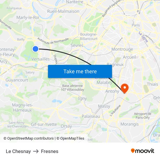 Le Chesnay to Fresnes map